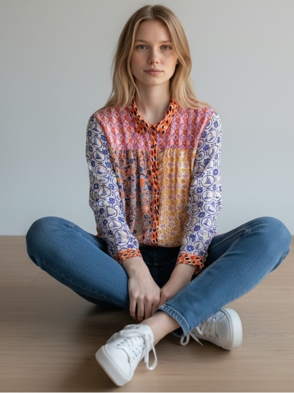 Anthropologie Maeve The Paz Mixed Print Button-Down Shirt Large Petite